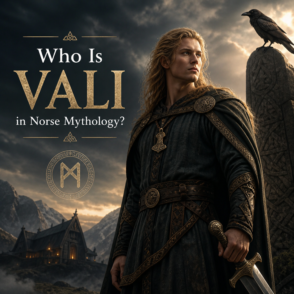 Vali in Norse mythology as a warrior with sword and raven before dramatic mountains