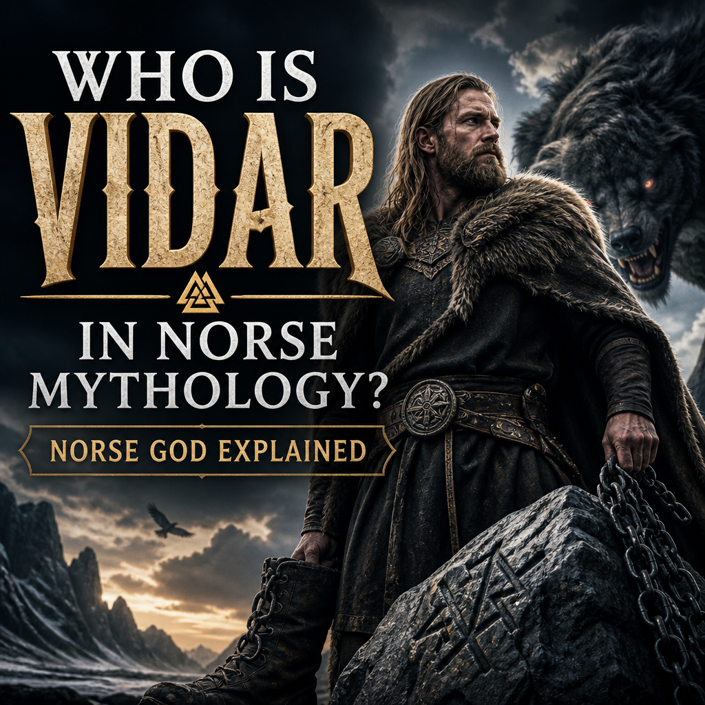Vidar in Norse mythology standing with a wolf in an ancient Nordic landscape