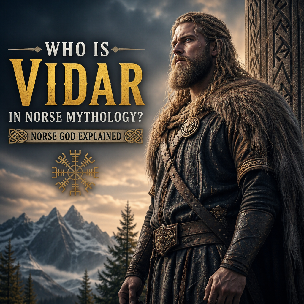 Vidar in Norse mythology wearing Viking attire against a mountainous landscape