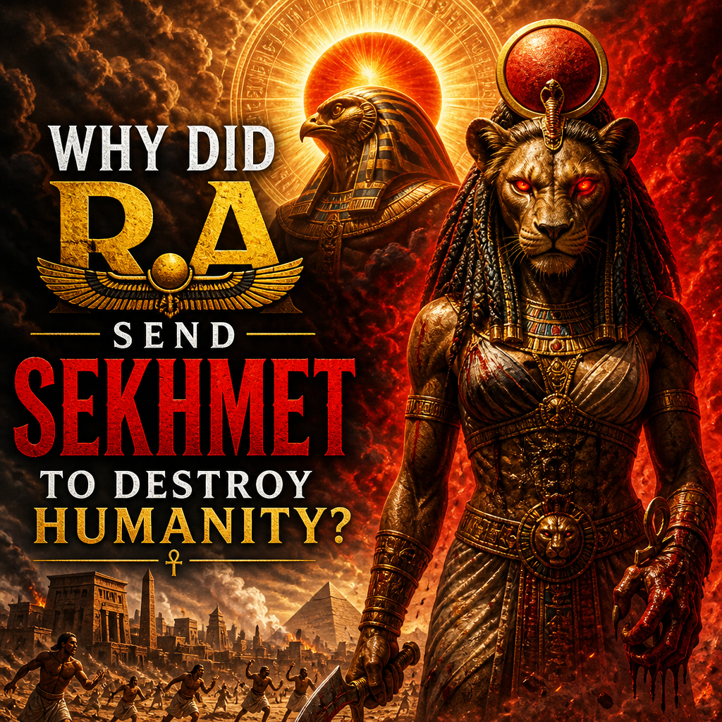 Sekhmet and Ra in fiery Egyptian myth scene about why Ra sent Sekhmet to destroy humanity