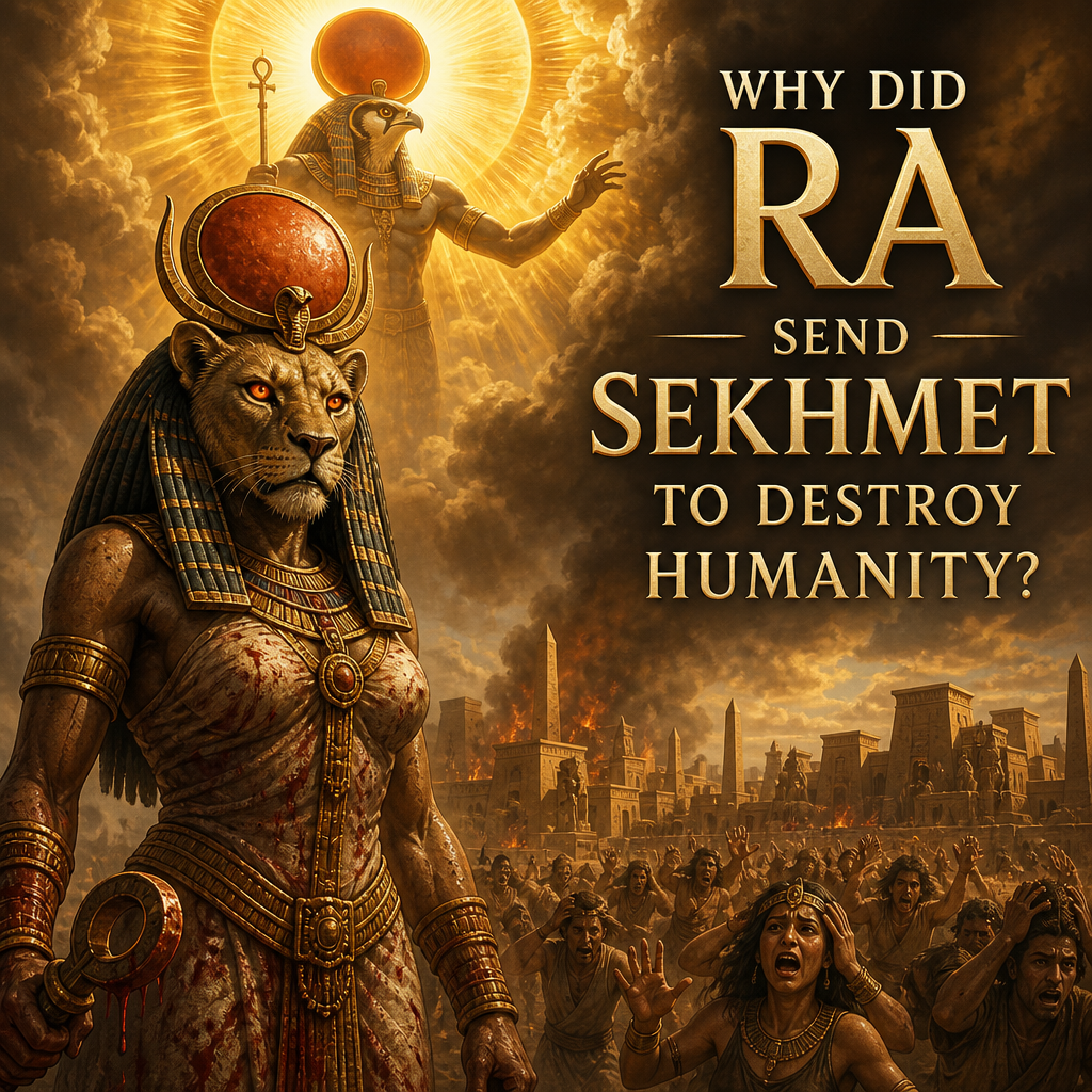 Ra sends Sekhmet to destroy humanity in a dramatic ancient Egyptian myth scene
