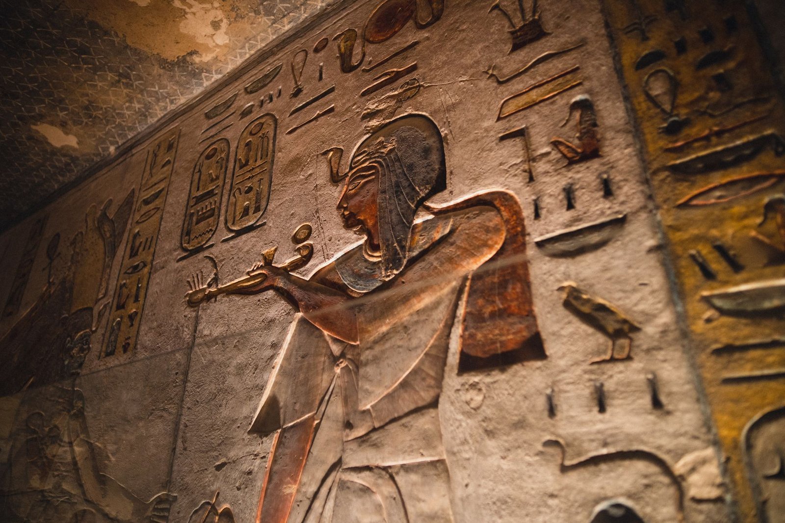 Ancient Egyptian temple wall carvings showing a pharaoh with hieroglyphs and animal-headed gods in relief