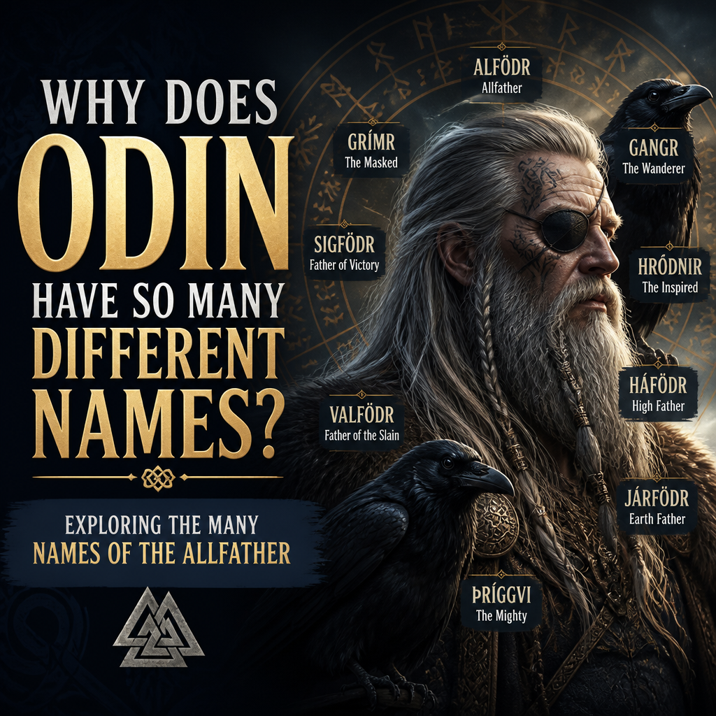 Odin the Allfather with symbols of his many names and roles in Norse mythology
