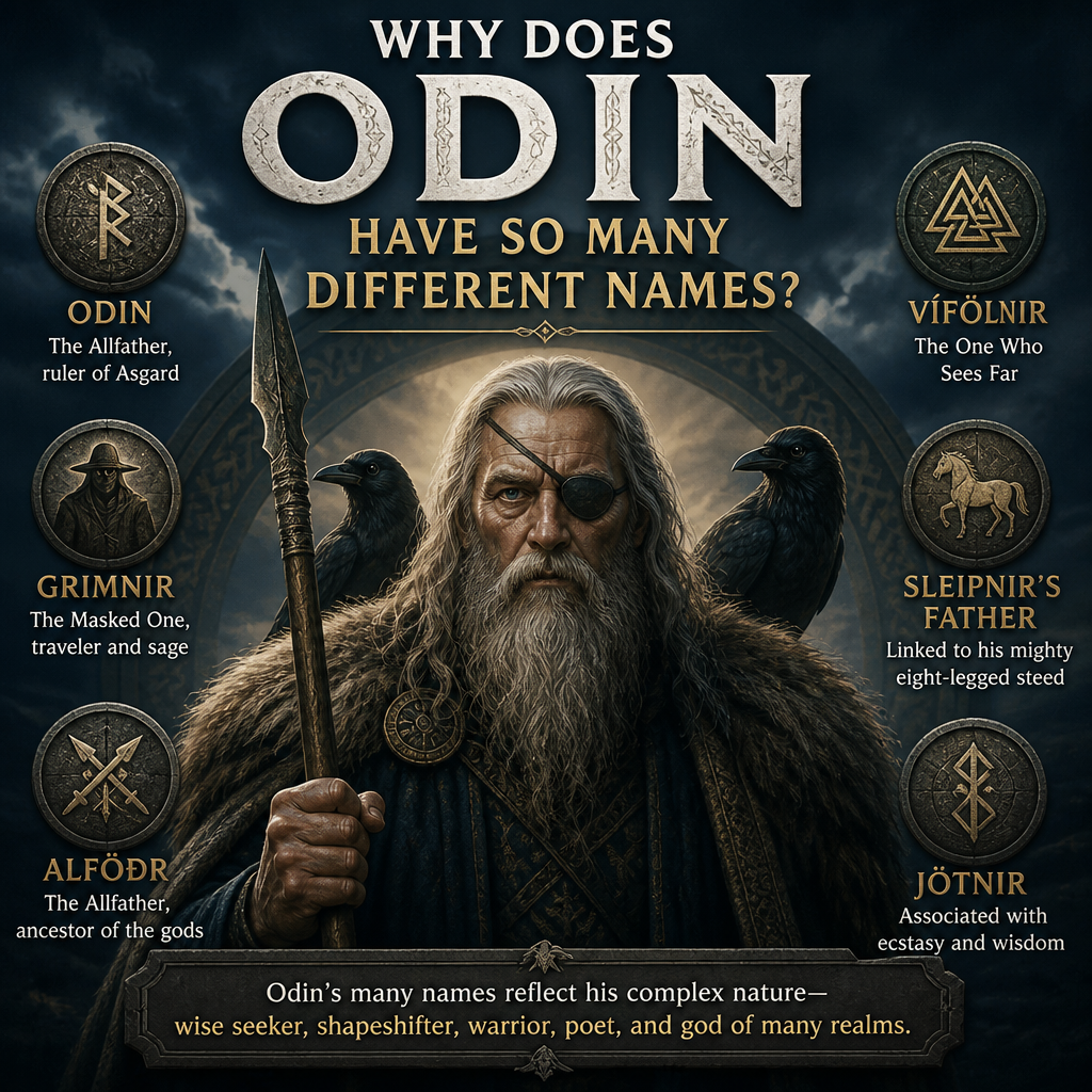 Odin with symbols highlighting his many Norse names and meanings